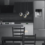 Vector mockup of kitchen room interior with household appliances, concept of romantic dinner with wine and burning candles. Minimalist modern design in gray tones, template for roll banner